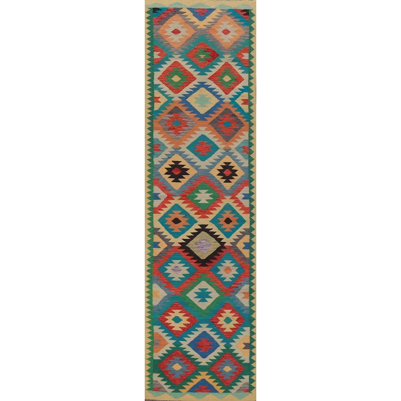 Hand Woven Oriental 100% Wool Carpet Southwestern Geometric Multi-Colored Kilim Runner Rug - 13' 0'' X 2' 10''