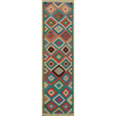 Hand Woven Oriental 100% Wool Carpet Southwestern Geometric Multi-Colored Kilim Runner Rug - 13' 0'' X 2' 10''