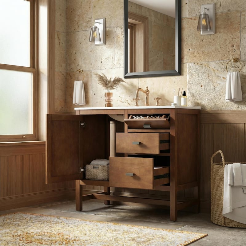 Christopher Knight Home - Modern 36" Freestanding Bathroom Vanity with Ceramic Sink, Dual Drawers, Flip-Up Storage - 36"W - Walnut Finish