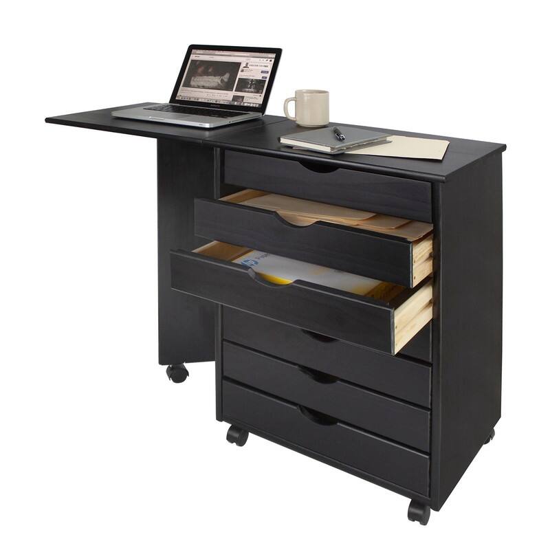 Adeptus Original Roll Cart, Solid Wood, 7 Drawer Gate Leg Roll Cart Desk, Extra Wide Drawers, Black