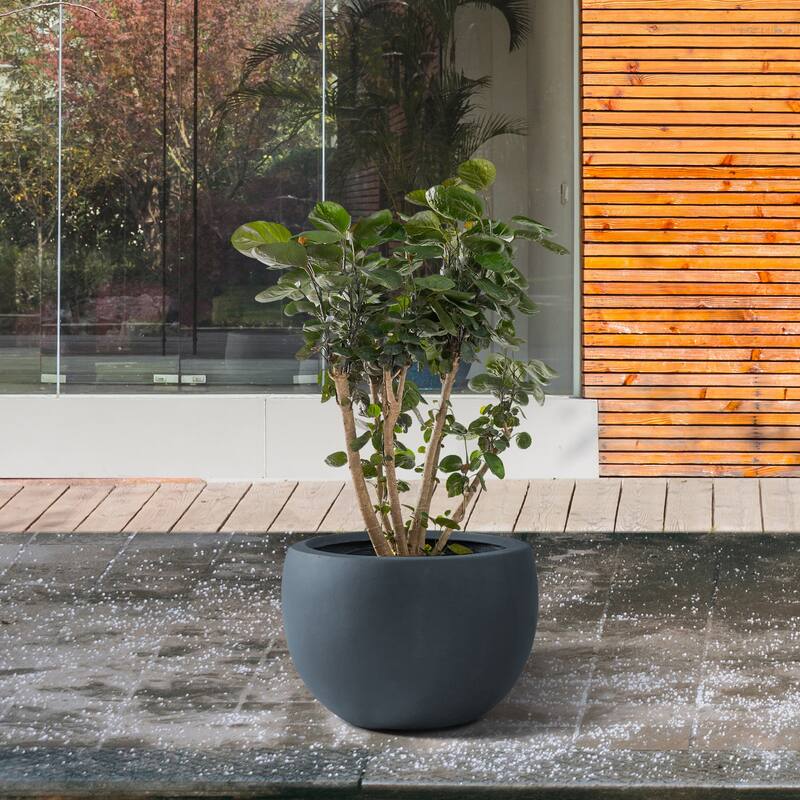 Kante 8 in. H Concrete and Fiberglass Round Bowl Planter, Outdoor Indoor Large Planters Pots with Drainage Hole