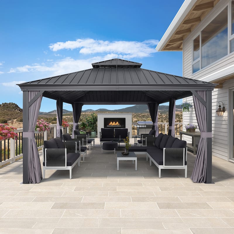 PURPLE LEAF Outdoor Galvanized Steel Hardtop Gazebo, Aluminum Frame Gazebo With Curtains - 12' x 24' - Grey
