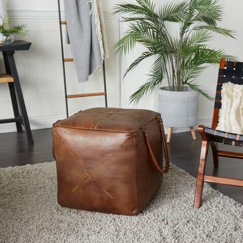 Brown Leather Rustic Stool - 20 x 20 x 19