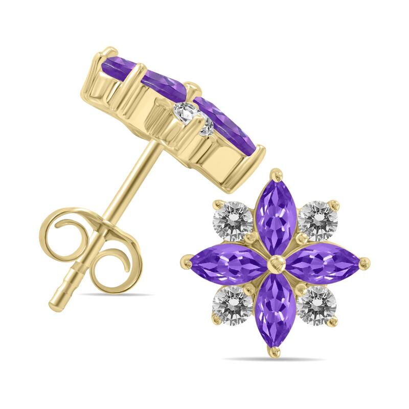 Marquee 1 Carat TW Amethyst and Diamond Flower Earrings in 10K Yellow Gold