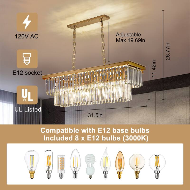 Gold Rectangle Crystal Chandelier, Luxury Pendant Light for Dining Room, Bulbs Included