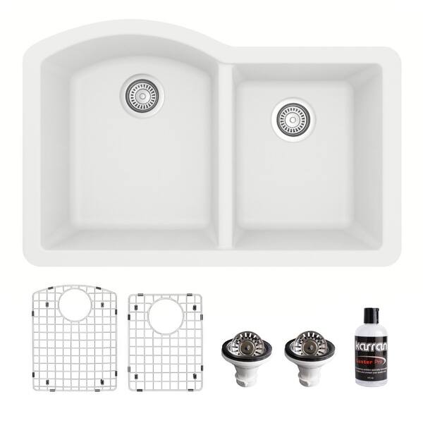 slide 49 of 66, Karran Undermount Quartz 32 in. 60/40 Double Bowl Kitchen Sink Kit White