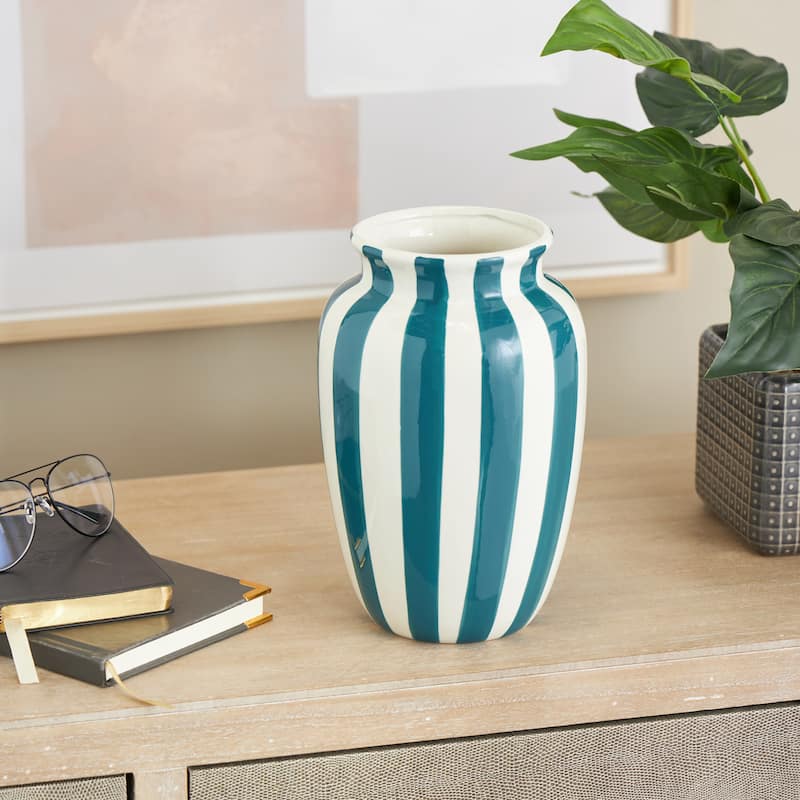 Ceramic Round Wide Decorative Vase with Yellow or Teal Vertical Stripes - White - Roche River Decor