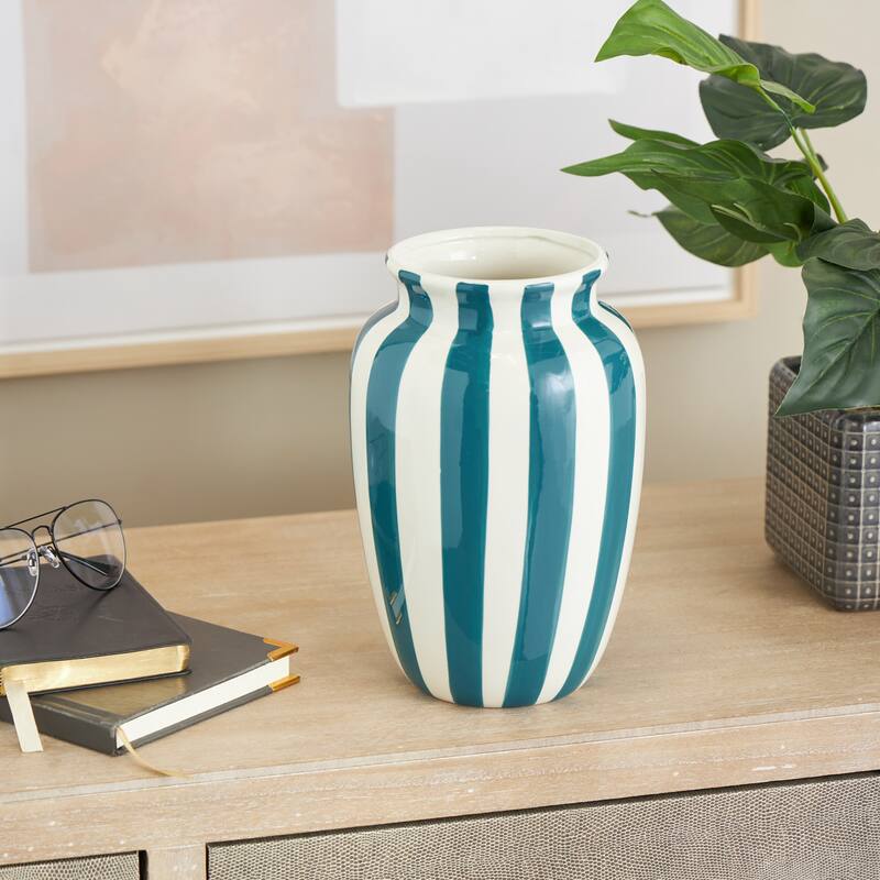 White Ceramic Round Wide Decorative Vase with Yellow or Teal Vertical Stripes - White/Teal