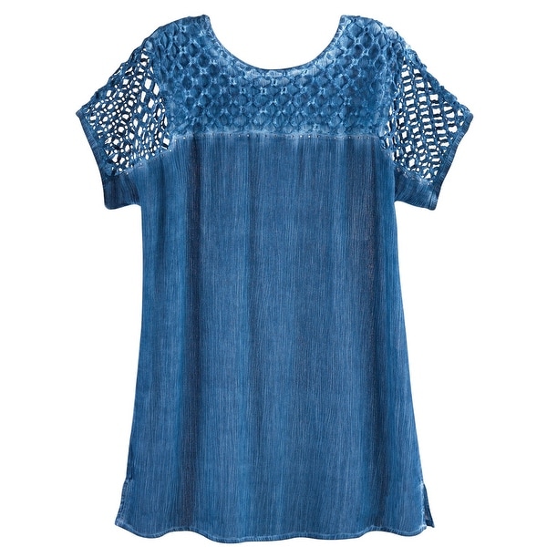 Women's Lattice Cutwork Top - Rhinestone Embellished Crinkled Fabric Shirt