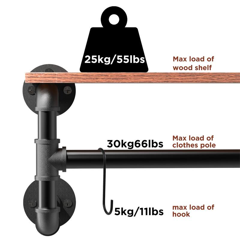 Metal Wall Mounted Pipe Rack with Shelf for Bathroom Clothes Hanging
