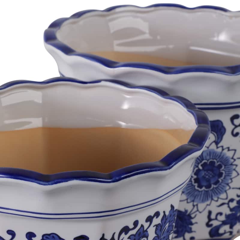 Stoneware Planters Scalloped Edge and Floral Relief Detail (Set of 2)