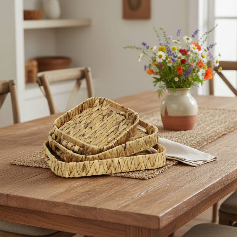 HomeRoots Set of Three Natural Water Hyacinth Rectangular Basket Trays - Small/Medium/Large