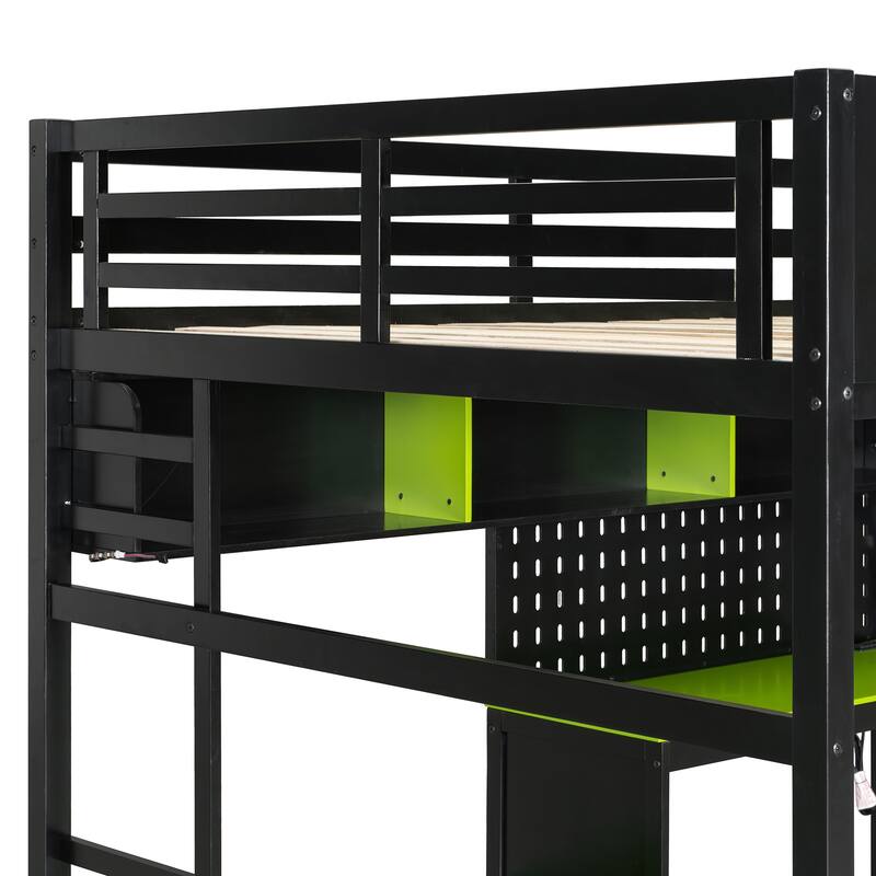 Full Size Wood Loft Bed with Storage Desk Shelves and LED Lights