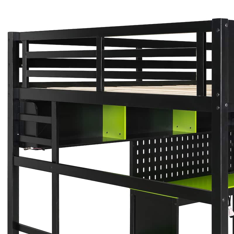 Gaming Loft Bed Full Size Wood Loft Bed with Pegboard PC Desk Computer Case Stand Charging Station LED Lights for Gamers
