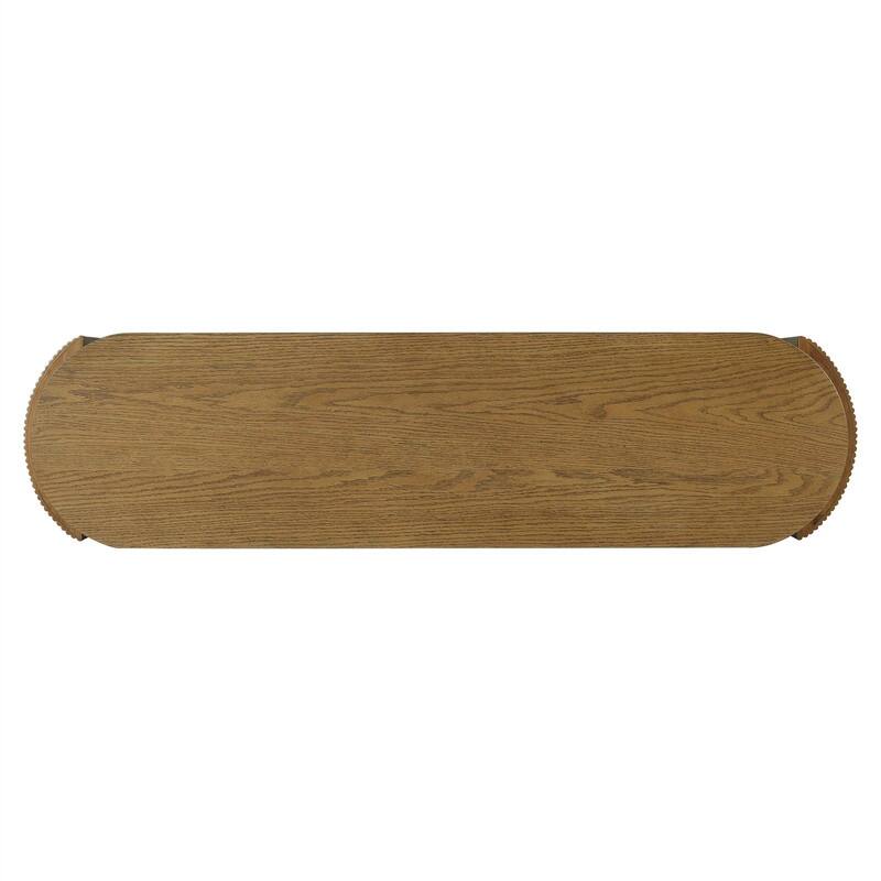 Modern Console Table with 2 Drawers and Oval Top, Entryway Table Sofa Table with Fluted Design and Natural Wood Grain Finish