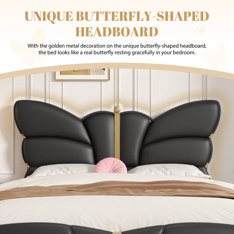 Upholstered Platform Bed Frame with Butterfly Shaped Headboard and Footboard