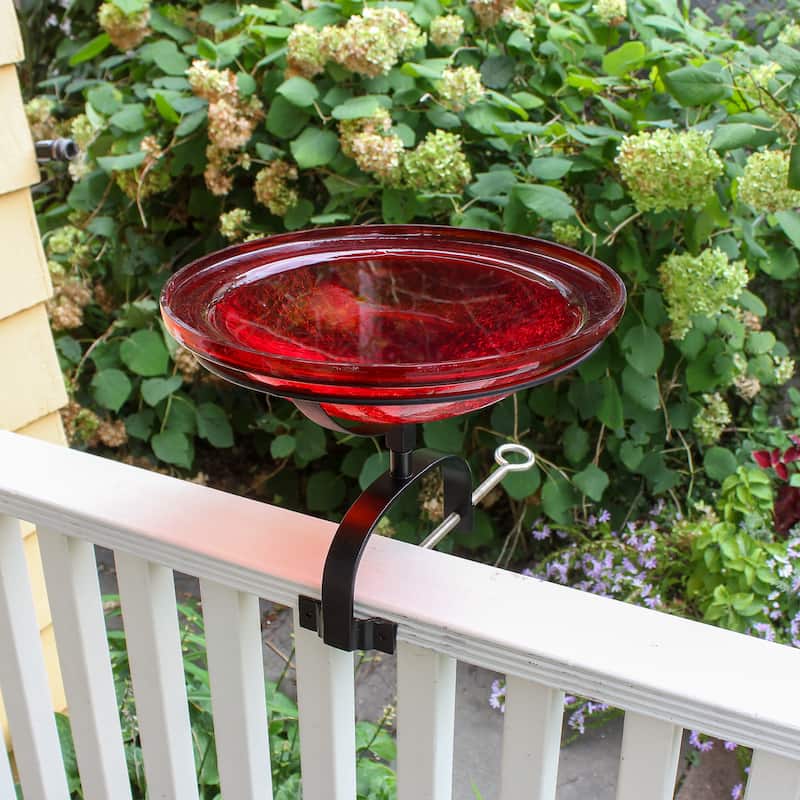 Achla Designs 12.5"Dia. Round Crackle Glass Birdbath w/Black Wrought Iron Over Rail Bracket