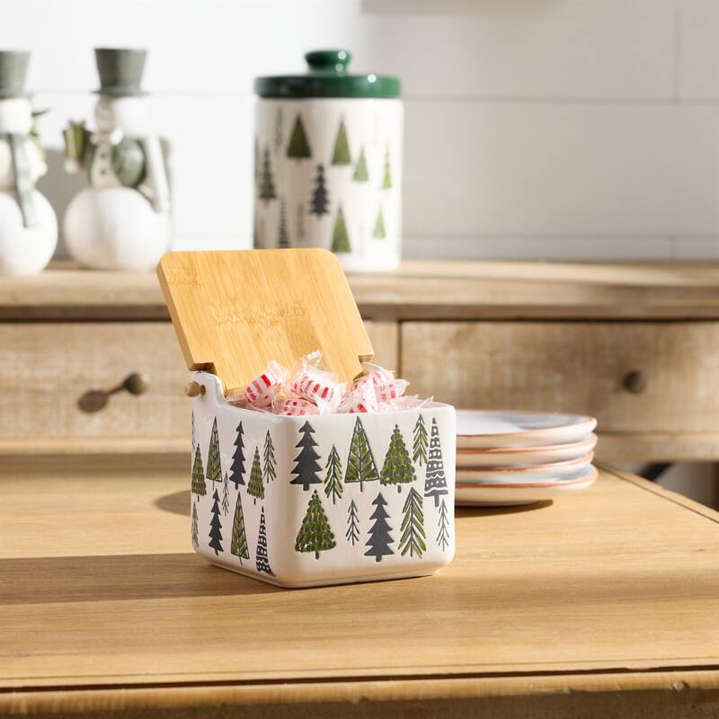 Ceramic Pine Tree Christmas Canister with Lid - 5.25" - Green and White