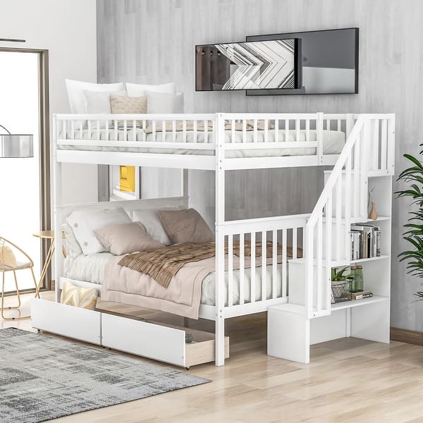 slide 2 of 18, Full Over Full Solid Wood Bunk Bed with Two Drawers and Storage Staircase, High Guardrail White