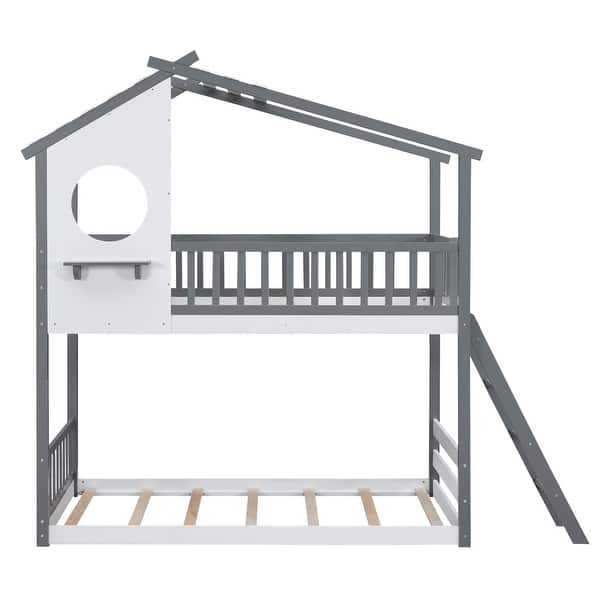slide 2 of 23, Wood Twin Bunk Bed with Roof, Ladder, and Window Feature Grey - Twin