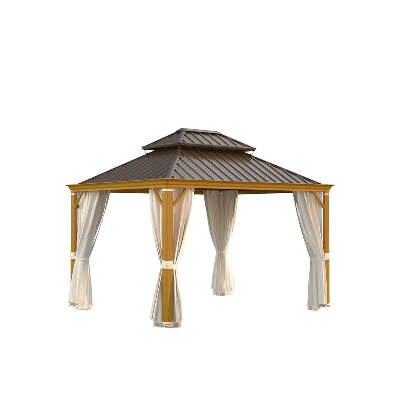 Outdoor Galvanized Steel Roof Gazebo Pergola w Wooden Coated Alumninum Frame, Privacy Curtains and Nettings Include