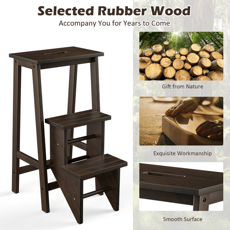 Costway 3 Tier Folding Step Stool 3-in-1 Rubber Wood Ladder Brown