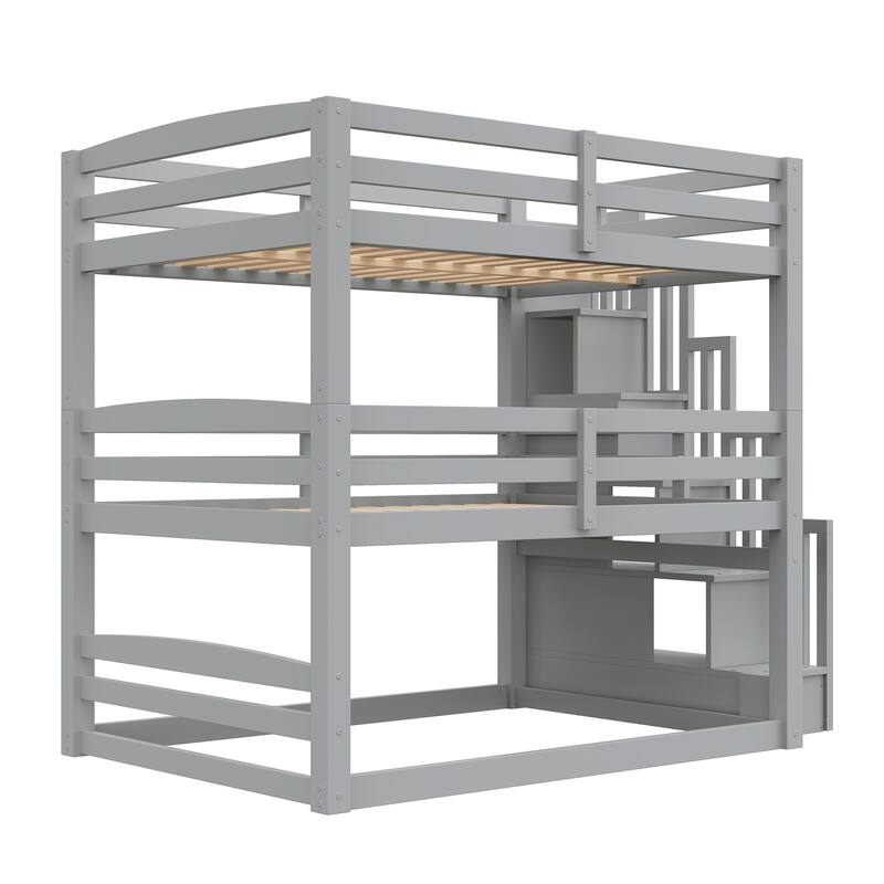 Triple Bunk Bed Twin Size Floor Bed with Storage Staircase
