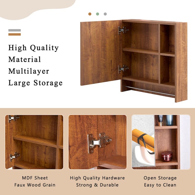 Wall-mounted bathroom medicine cabinet with shelves and a towel rack, designed for over-the-toilet storage and organization.