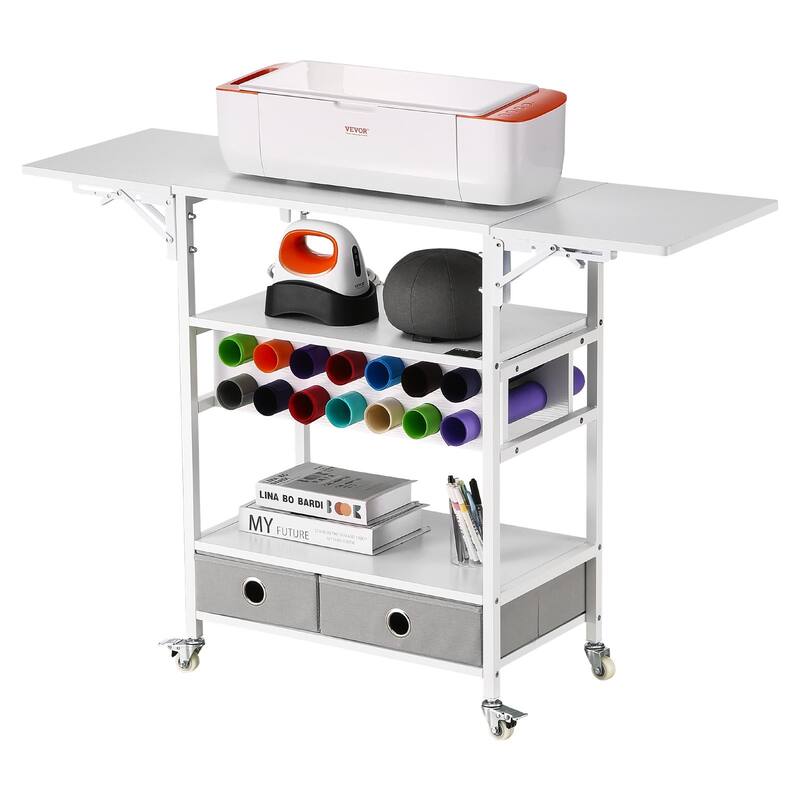 Crafting Table with Vinyl Roll Rack and Foldable Storage Organizer - 23.54” x 14.17” x 31.81”