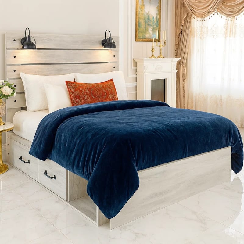 Cemy Rustic King Panel Bed, 2 Sconce Lights and Drawers, Whitewash