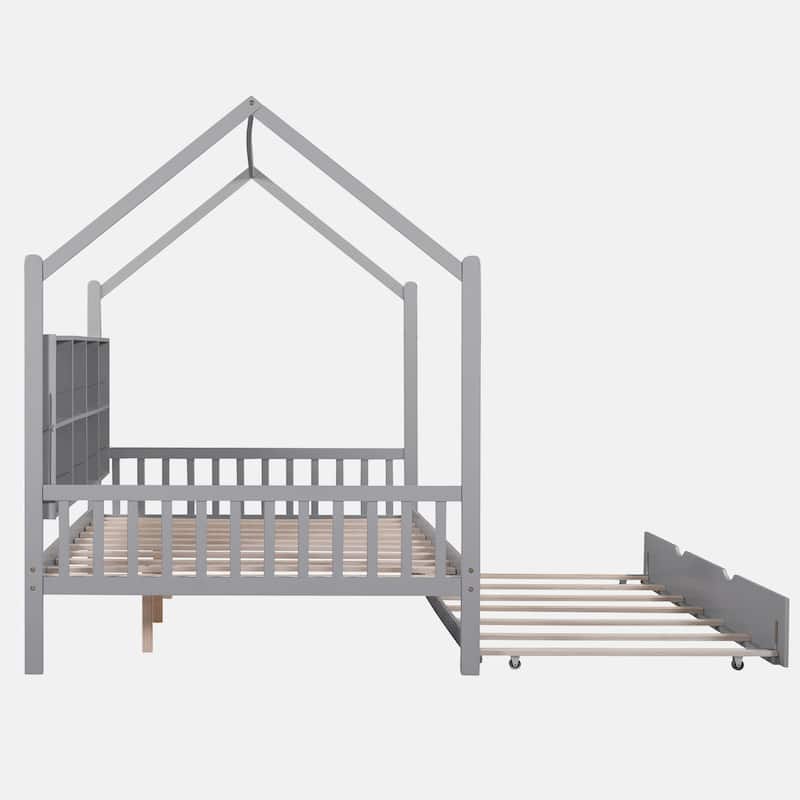 Wooden Twin Size House Bed with Trundle,Kids Bed with Shelf