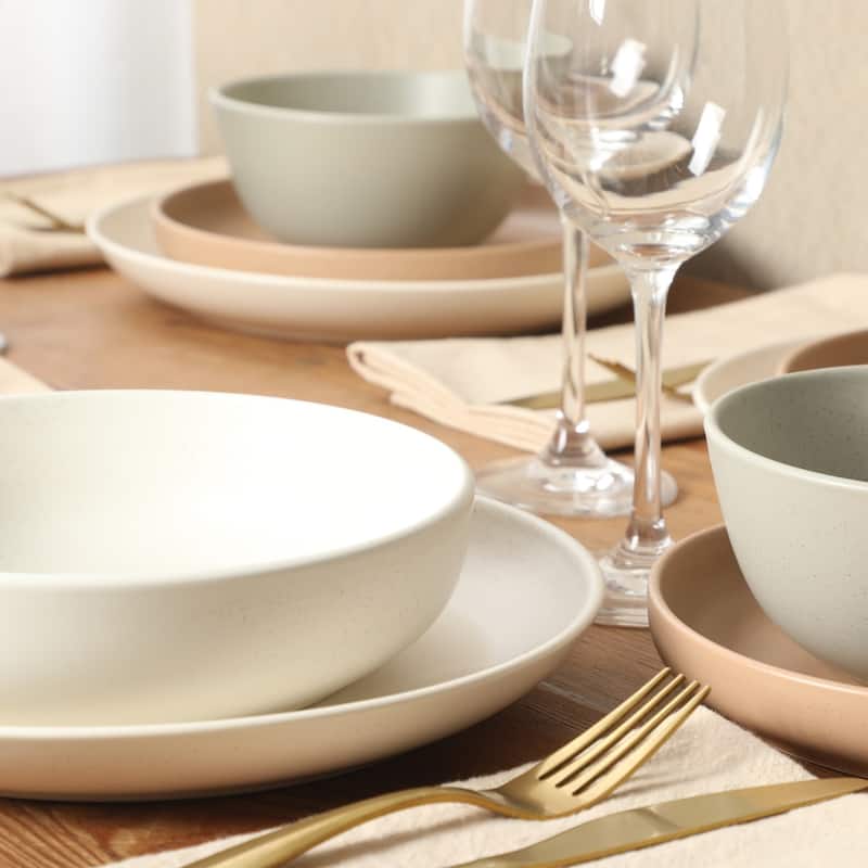 Gibson Elite Leeds Court Plates and Bowls Sets, 16-Piece Stoneware Dinnerware Sets, Round Speckle Reactive Glaze Dish Set