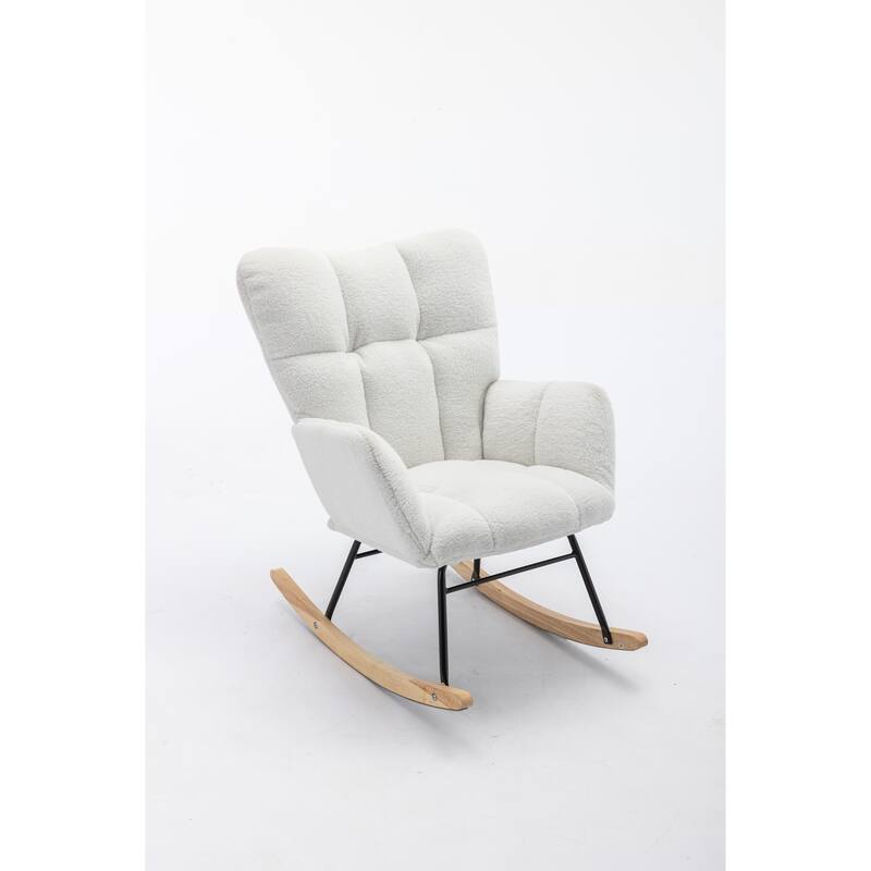 Teddy Fabric Upholstered Glider Rocker, Reading Chair with Thick Padded Seat, High Backrest Armchair with Wooden Legs