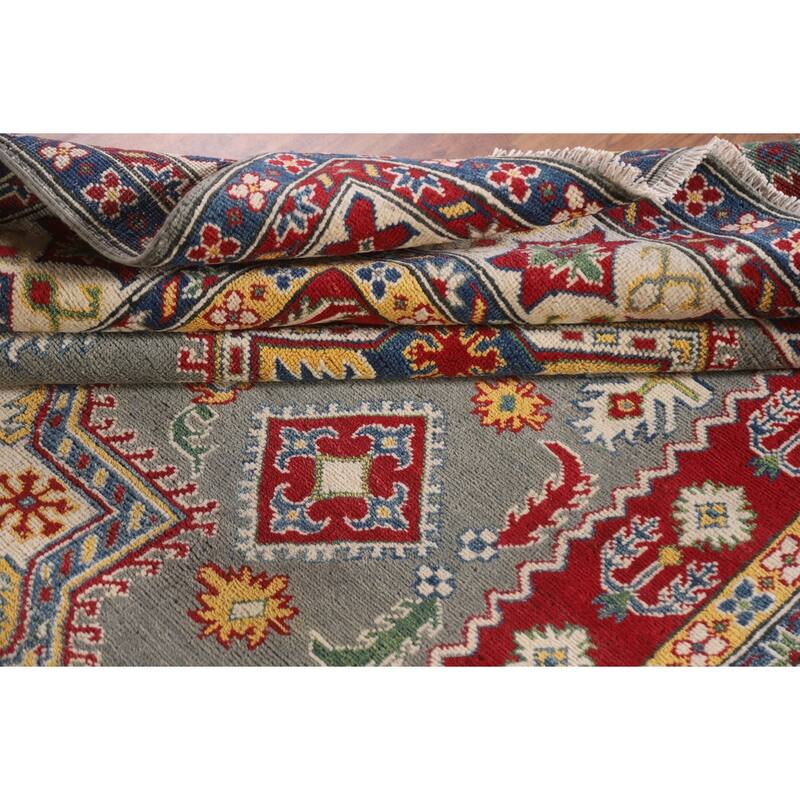 Hand Knotted Oriental 100% Wool Carpet Traditional Geometric Greys & Charcoal Kazak Area Rug - 9' 10'' X 6' 6''