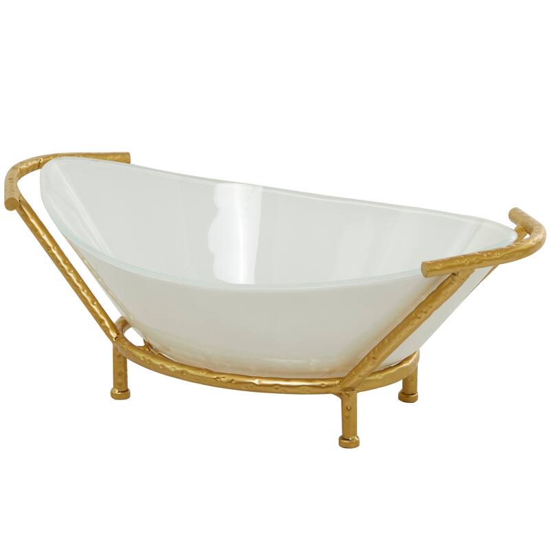 CosmoLiving by Cosmopolitan Glass Kitchen Serving Bowl with Gold or Brown Metal Stand and Ring Feet - Clear or White