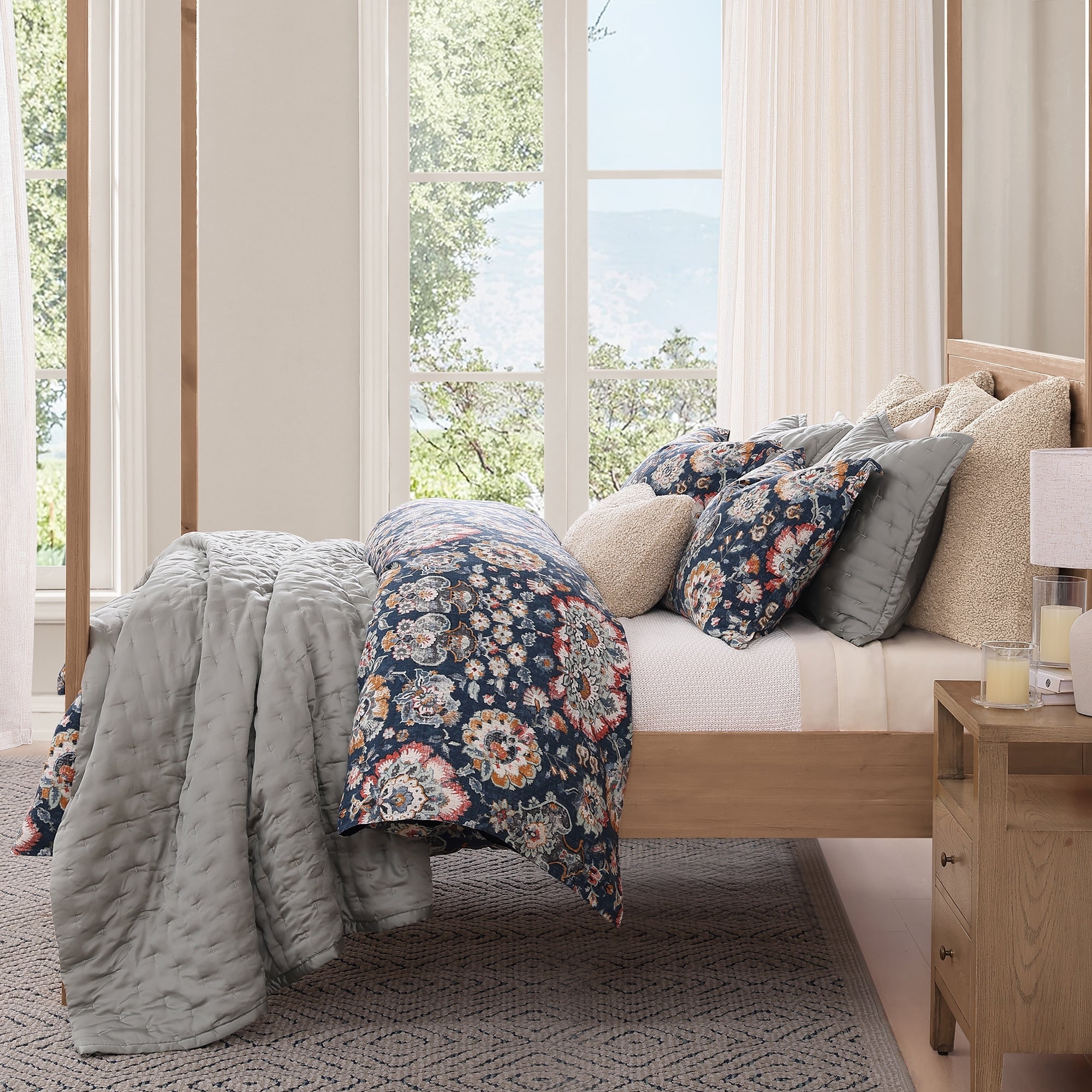 HiEnd Accents Derby Sapphire Vintage Floral Bedding Washed Linen 3 Piece Duvet Cover Set