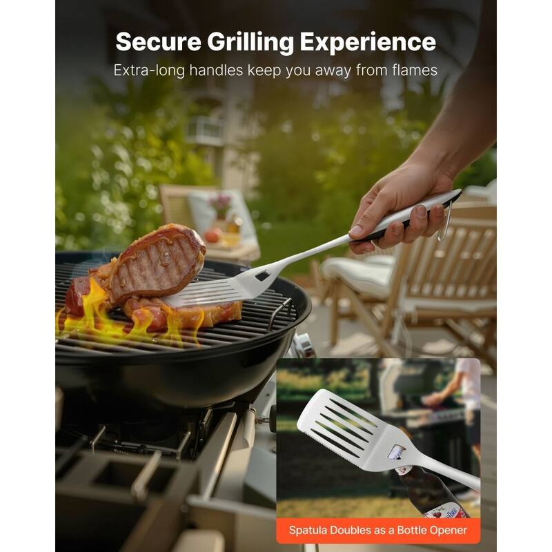 4-Piece Stainless Steel BBQ Grill Tool Set with Spatula Fork, Tongs and Brush for Outdoor - 18.7 x 4.33 x 2.95 in