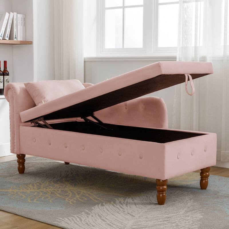 Velvet Upholstered Rolled Arm Chaise Lounge with Storage and Pillow