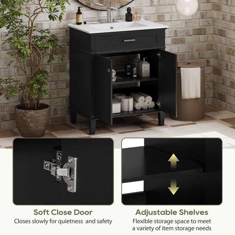 30-inch bathroom vanity with ceramic basin, soft close door and adjustable shelves