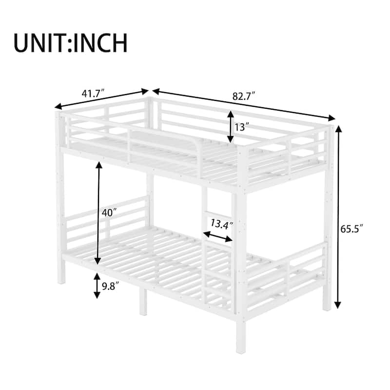 White Metal Bunk Bed Frame for Teens and Adults with Metal Slats