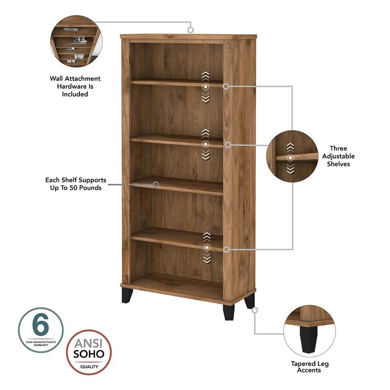 Somerset 72W Office Desk with Hutch and 5 Shelf Bookcase in Ash Gray