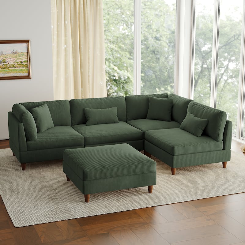 5-Piece Modern Comfy Corduroy Modular Sectional Sofa with Ottoman