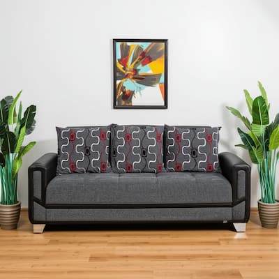 HomeRoots 90" Gray Chenille Convertible Futon Sleeper Sofa And Toss Pillows With Storage