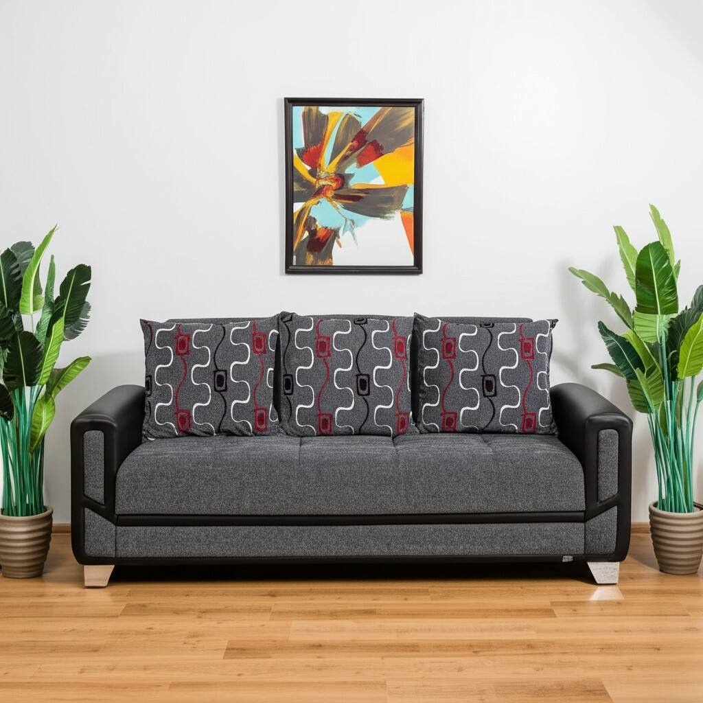 HomeRoots 90" Gray Chenille Convertible Futon Sleeper Sofa And Toss Pillows With Storage