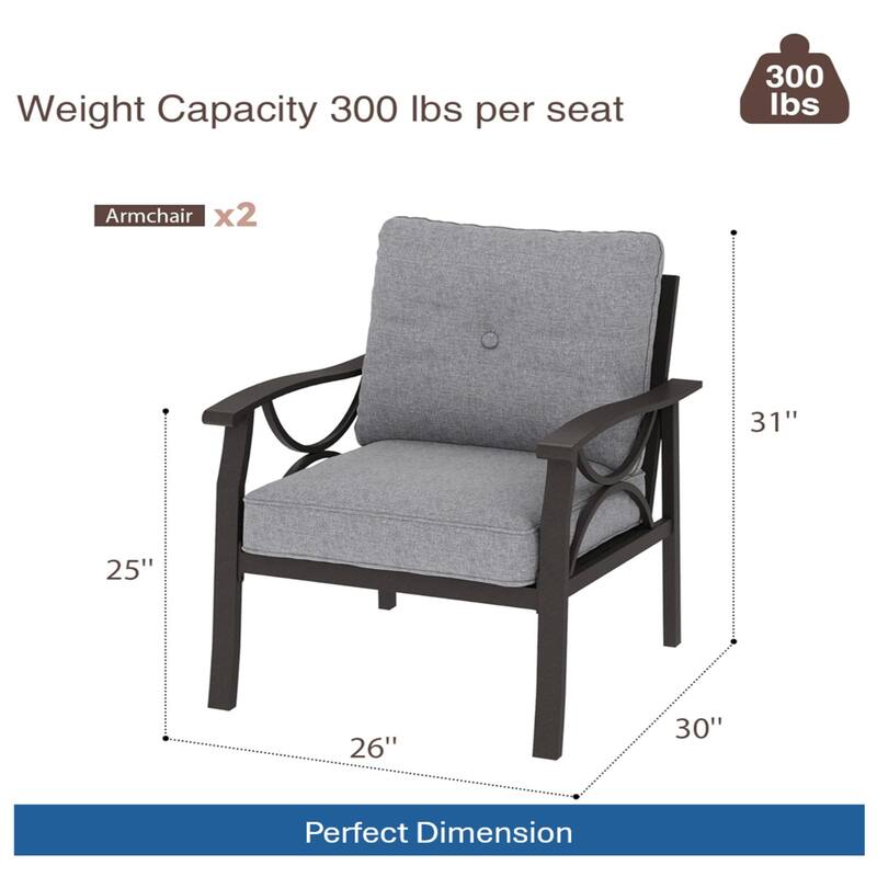 Set of 2 Metal Armchairs, Khaki Frame with Gray Cushions