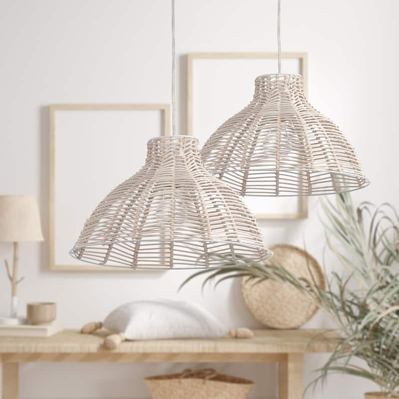 Irene River of Goods White Woven Rattan Shade Hanging Pendant Light - 15" x 15" x 9.875/57.875"