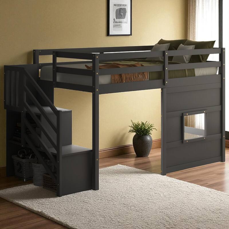 Twin Size Loft Bed with Storage Staircase, Window, LED Light and Guardrails, Solid Wood Frame