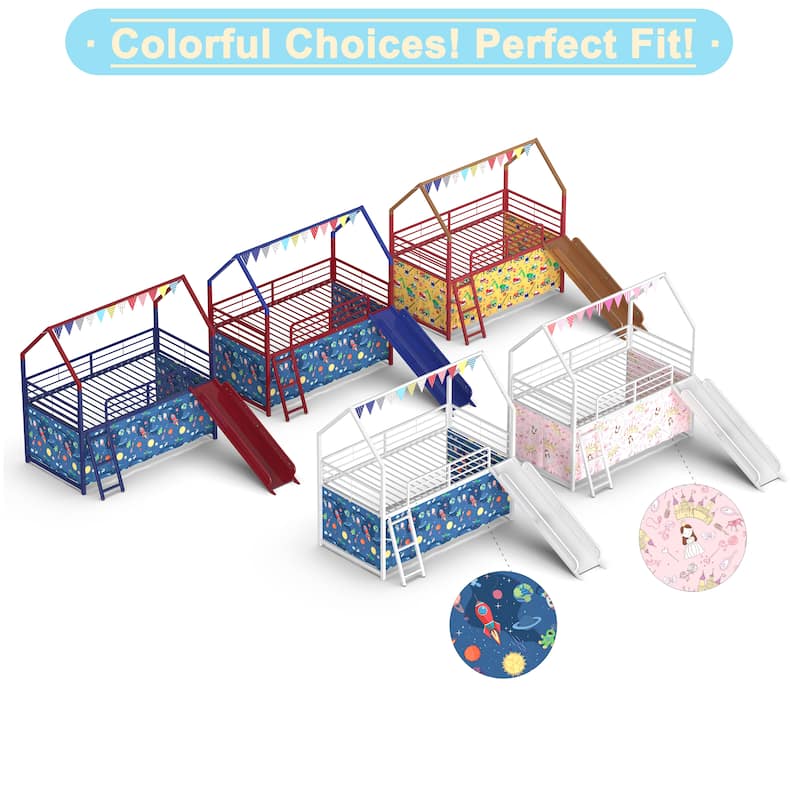 Kids' Twin Loft Bed with Slide, Curtain Set, Banner Flag, and Star Stickers in Multiple Colors