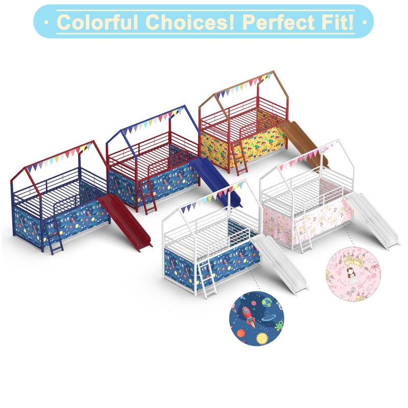 Metal Junior House Twin Loft Bed with Slide and Curtain Set and Pennant Banner Flag and Star Stickers