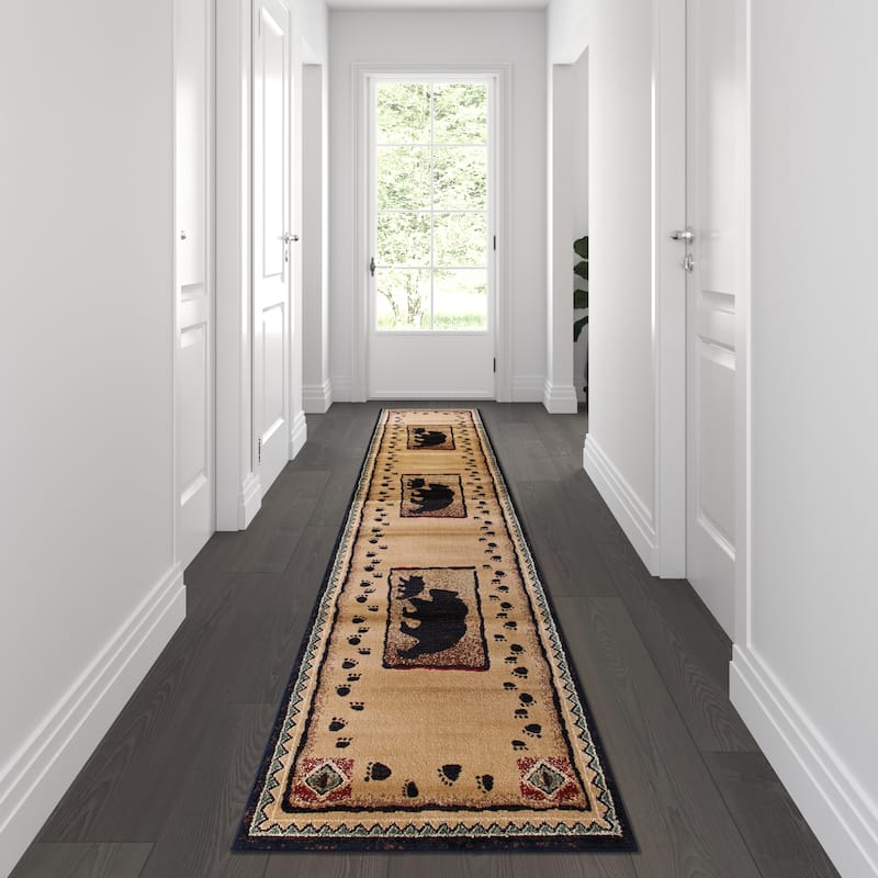 Rustic Lodge Style Wandering Bear and Cub Area Rug - 2' x 10' - Brown